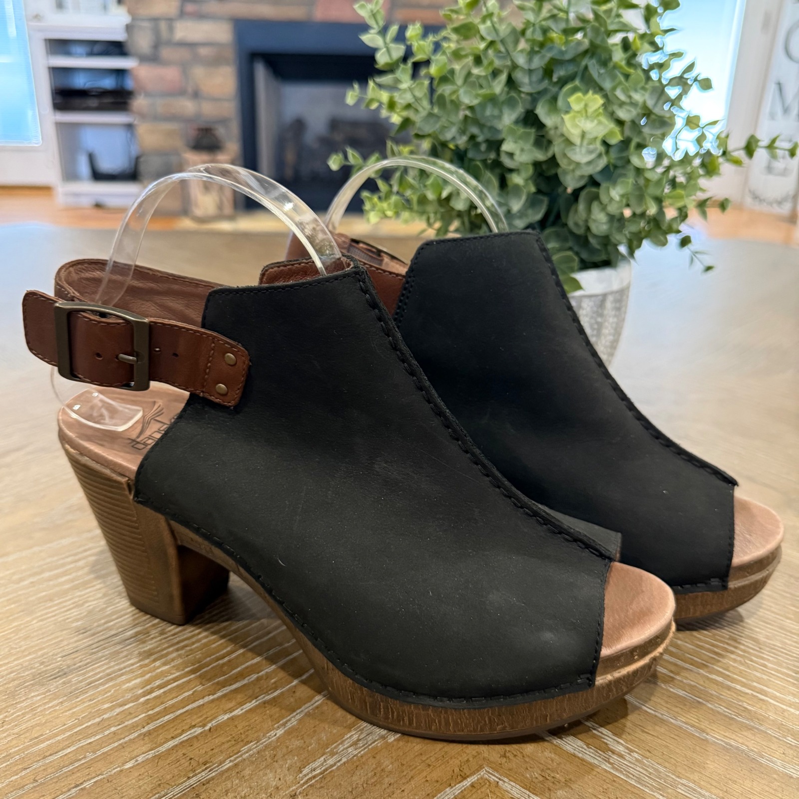 Dansko Reggie Black Leather Peep Toe Slingback Wedge Sandals Women Eu 40